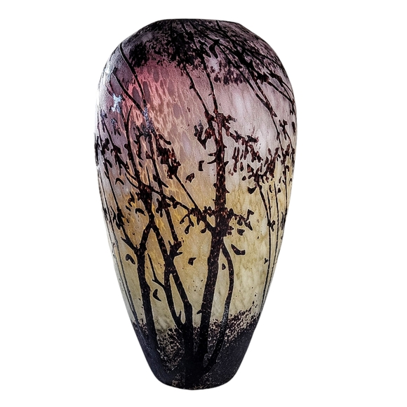 Acid Etched Cut Vase 12” Tall Trees Cameo Glass Amethyst Beige Art Nouveau Style - Picture 1 of 6